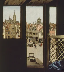 São José Retratado como um Carpinteiro Medieval, detalhe da janela do painel do lado direito do Mertar Retábulo, c.1427-32